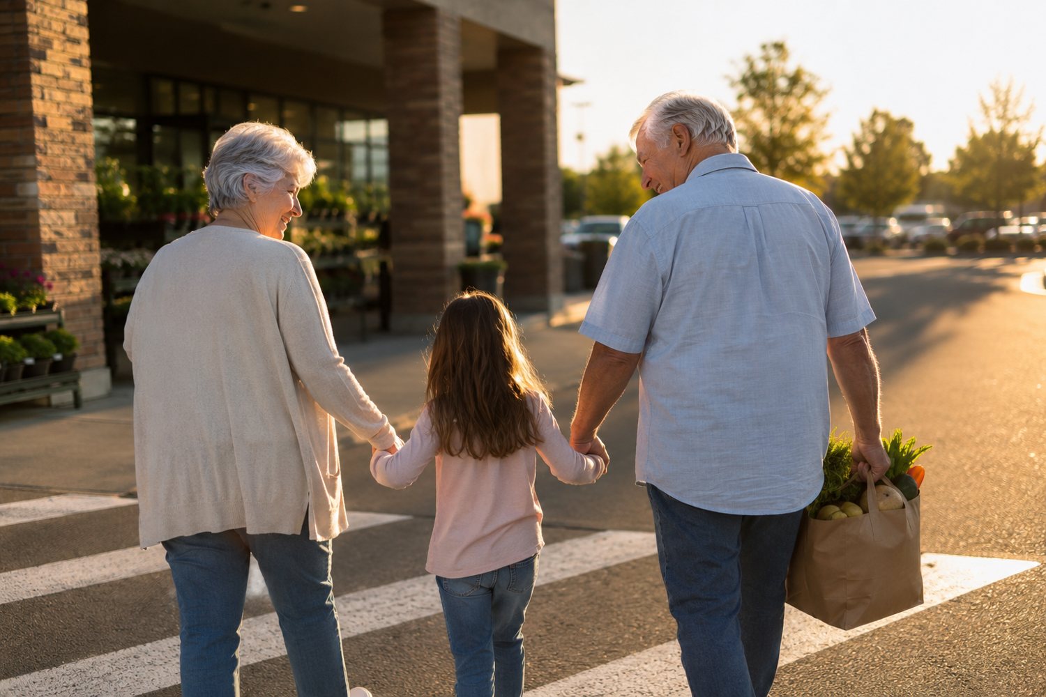 Grandparents walking with their grandchild after parking close by