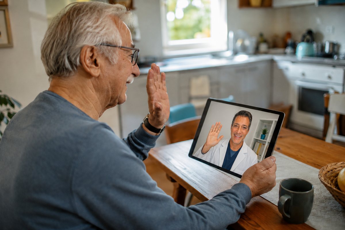 An older adult on a video visit with a doctor, from home